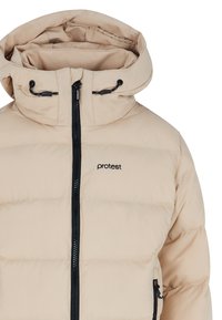 Beige Daunenjacke mit Reißverschluss vorne, verstellbare Kapuze und Logodetail. Sie verfügt über eine gesteppten Füllung und schwarze Reißverschlussakzente.
