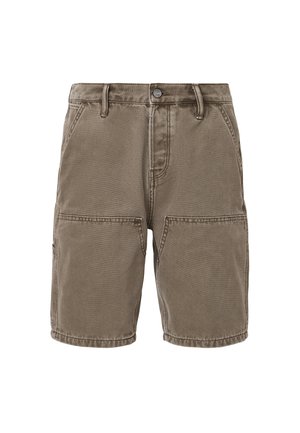 Khaki cargo shorts lavet af bomuld med to frontlommer, to store sidelommer og syninger.