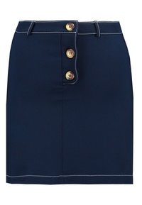 Tmavě modrá sukně vyrobená z hladké látky, s zipem a šesti knoflíky vpředu. Detailemi s bílým šitím.