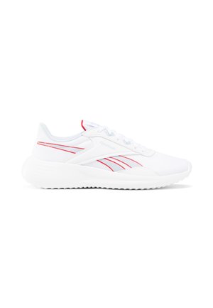 Weißer Sneaker mit niedrigem Schaft, roten Streifen, weißer Sohle und Schnürdesign, von der Seite vor schlichtem Hintergrund gezeigt.
