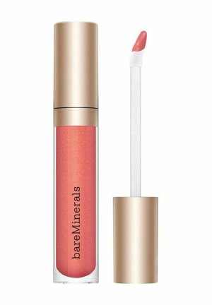 Læbepomadetube med guldlåg og koral-lyserød skinnende gloss; påføringsstav med vinklet svampespids ved siden af tuben.