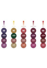 Color swatches in circles: violet, yellow, tangerine, purple red, and red. Each labeled with number and options for shadow, blush, and clear.