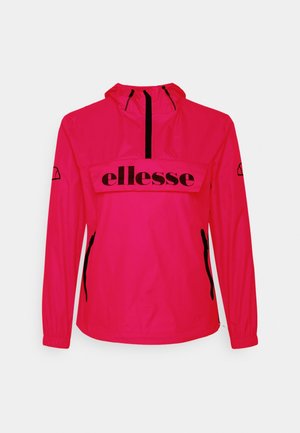 Jasnoróżowa bluza ellesse z kapturem, czarnymi sznureczkami, zamkiem z przodu i bocznymi kieszeniami na zamek.