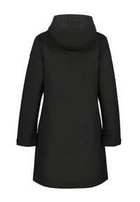 Manteau noir imperméable avec une capuche texturée ornée de lettres en relief, des manches longues et une coupe droite avec des poches avant.