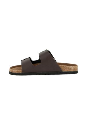 Sandalo slip-on in pelle marrone con due cinturini regolabili, plantare in sughero e suola in gomma nera, visto di lato su sfondo bianco.