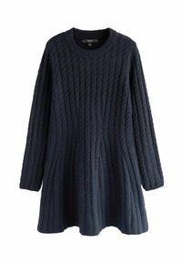 Dunkelblaues Strickkleid mit langen Ärmeln, das ein strukturiertes Kabelmuster, einen runden Ausschnitt und einen ausgestellten Rock hat. Hergestellt aus weichem, dickem Material.