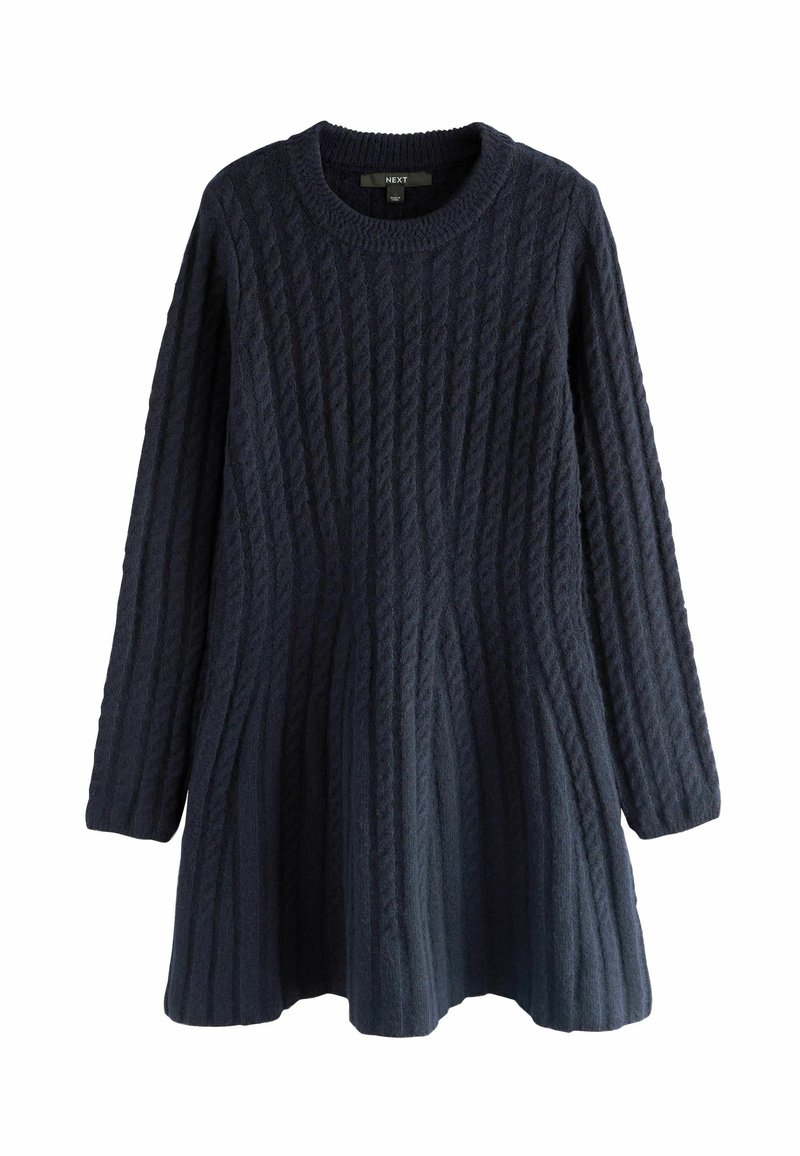 Dunkelblaues Strickkleid mit langen Ärmeln, das ein strukturiertes Kabelmuster, einen runden Ausschnitt und einen ausgestellten Rock hat. Hergestellt aus weichem, dickem Material.