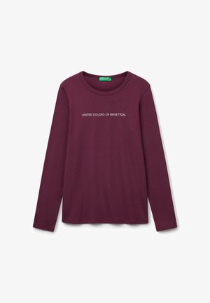 Long-sleeve crew neck shirt in dark purple with "UNITED COLORS OF BENETTON." printed in white across the chest.