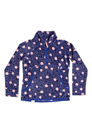Sudadera de forro polar en azul marino con un patrón floral de flores rosas y acentos blancos. Cuello alto, cremallera frontal y dos bolsillos delanteros.