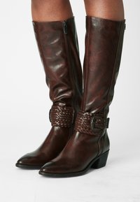 Botas marrones hasta la rodilla hechas de material sintético brillante, con una correa trenzada y una hebilla rectangular en el tobillo y una punta afilada.