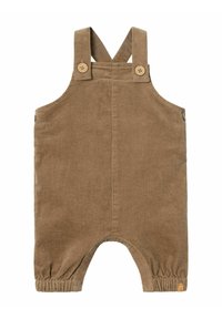 Salopette in corduroy marrone con spalline regolabili, bottoni in legno, polsini elasticizzati e un piccolo logo sull'orlo.