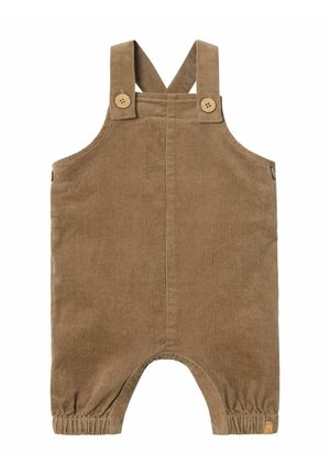 Salopette in corduroy marrone con spalline regolabili, bottoni in legno, polsini elasticizzati e un piccolo logo sull'orlo.