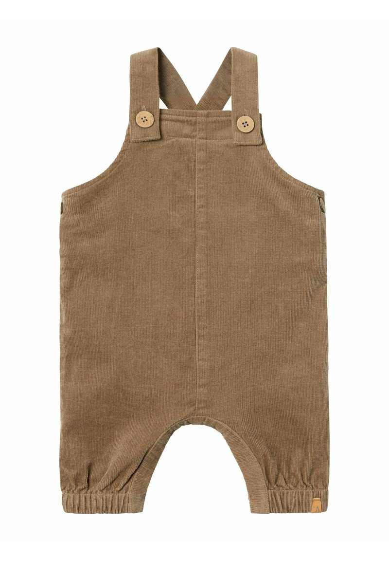 Salopette in corduroy marrone con spalline regolabili, bottoni in legno, polsini elasticizzati e un piccolo logo sull'orlo.