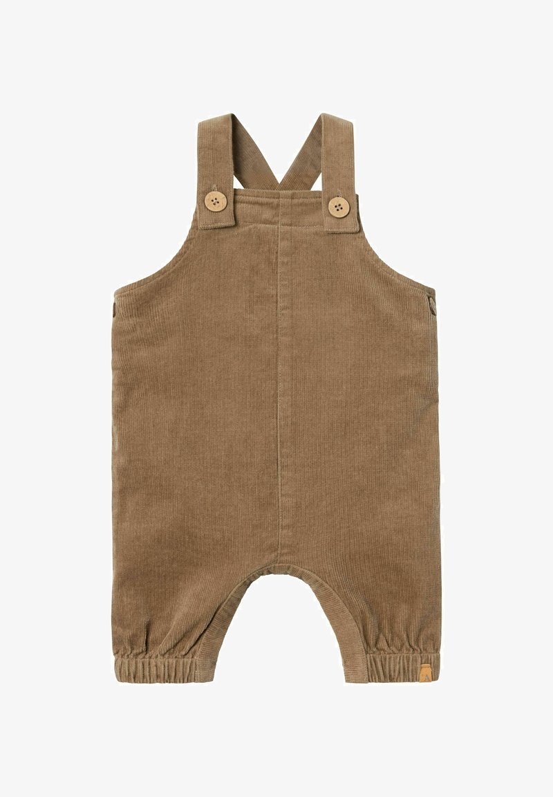 Salopette in corduroy marrone con spalline regolabili, bottoni in legno, polsini elasticizzati e un piccolo logo sull'orlo.