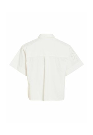Chemise blanche à manches courtes avec col, pli dans le dos et broderie décorative subtile sur la manche droite.