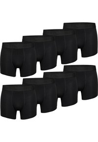 Schwarze Shorts aus weichem Material, mit einem glatten Bund und Markenlogo, entworfen für Komfort und Unterstützung. Set von acht.