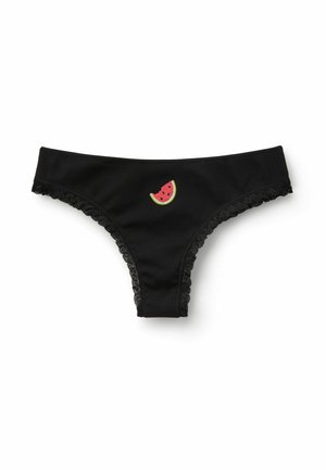 Culotte de bikini noire côtelée avec bordure en dentelle et petite tranche de pastèque brodée au centre de la ceinture avant.