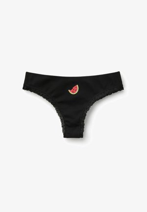 Braguitas de bikini de canalé negras con ribete de encaje y una pequeña rodaja de sandía bordada en el centro de la cintura delantera.