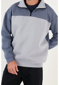 Sudadera con cremallera en gris y azul, con un alto cuello, puños acanalados y una textura suave, con un diseño de bloques de color en el pecho.