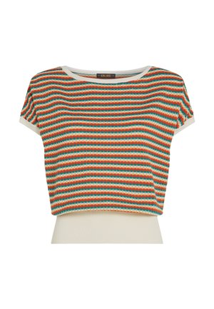 Top met korte mouwen en een ronde hals, met een meerkleurig streeppatroon in oranje, turquoise en crème. Detail met geribbelde zoom.