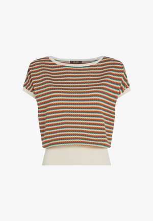 Maglietta a maniche corte con scollo tondo, caratterizzata da un motivo a strisce multicolore in arancione, turchese e crema. Dettaglio di orlo a coste.