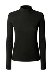 Musthave mustriba turtleneck-sweater, mis on valmistatud elastsetest materjalidest, pika varrukaga ja sobiva disainiga, millel on rinna peal diskreetne brändi tikand.