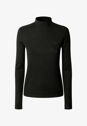 Musthave mustriba turtleneck-sweater, mis on valmistatud elastsetest materjalidest, pika varrukaga ja sobiva disainiga, millel on rinna peal diskreetne brändi tikand.