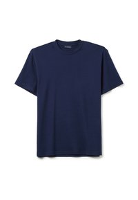 T-shirt in cotone blu navy con colletto rotondo, maniche corte e vestibilità comoda. Design semplice, senza motivi o accenti.