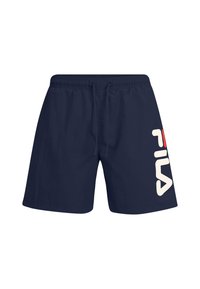 Navy blue uimar shortsit, joissa on joustava vyötärö ja naru. Ominaisuuksia ovat näyttävä valkoinen "FILA"-logo oikealla puolella rohkeassa suunnittelussa.