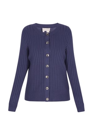 Granatowy kardigan z prążkowanej tkaniny o okrągłym dekolcie, z przodem zapinanym na sześć srebrnych guzików i dopasowanymi mankietami.