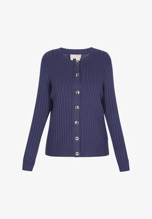 Námořnický žebrovaný cardigan s kulatým výstřihem, se zapínáním na šest stříbrných knoflíků a přiléhavými manžetami.