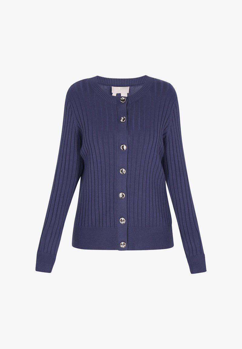 Marineblaues geripptes Strickjacke mit Rundhalsausschnitt, ausgestattet mit einer durchgehenden Knopfleiste mit sechs silbernen Knöpfen und schmal geschnittenen Bündchen.