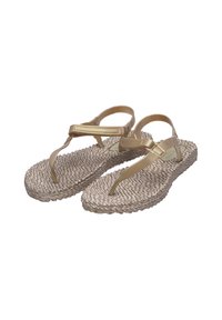 Sandalen met een geweven strooien zool in lichtbeige, met een gouden band en teenpost ontwerp. De banden hebben verstelbare hardware voor een goede pasvorm.