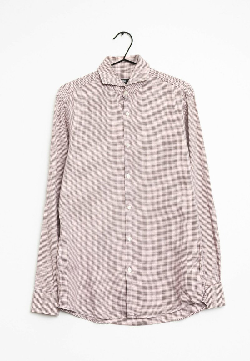 Chemise à manches longues à carreaux rouge et blanc, design à boutons sur le devant, tissu doux, col rabattu et un ourlet arrondi en bas.