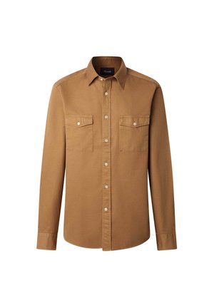 Bruine lange mouw shirt met een kraag, twee borstzakken, knoopsluiting en een gladde textuur. Heeft contrasterende witte knopen.