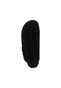 Sort sandal med en tekstureret gummisål, der har et bølget mønster, buede kanter og en justerbar rem på siden.