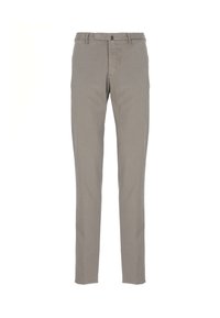 Pantaloni slim-fit grigi con passanti per cintura, chiusura frontale con zip e design frontale piatto, presentati su uno sfondo bianco.
