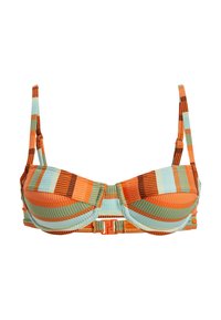 Beha met een meerkleurig gestreept ontwerp in oranje, blauw en bruin; gewatteerde cups; verstelbare schouderbanden; plastic haaksluiting.