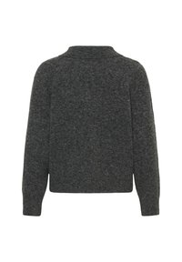 Tamsiai pilkas megztinis su apvaliu kaklu, ilgomis rankovėmis ir tekstūrine medžiagos apdaila. Matomi jokie metaliniai elementai ar raštai. Parodyta atgaline puse.