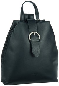 Schwarzer Leder-Rucksack mit Reißverschluss, runder Form, Obergriff und einem silbernen Metallringakzent auf der Klappe. Glatte Textur.