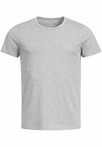Grijze katoenen T-shirt met een ronde hals en korte mouwen. Zachte textuur, normale pasvorm, eenvoudige stijl, geen zichtbare patronen of logo's.