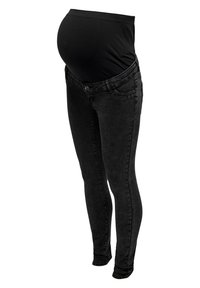 Black maternity jeans featuring a high, stretchy waistband, slim fit, and soft denim texture with standard pockets and button closure.