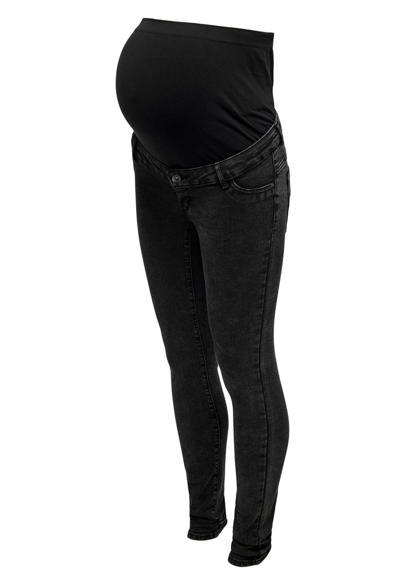 Black maternity jeans featuring a high, stretchy waistband, slim fit, and soft denim texture with standard pockets and button closure.