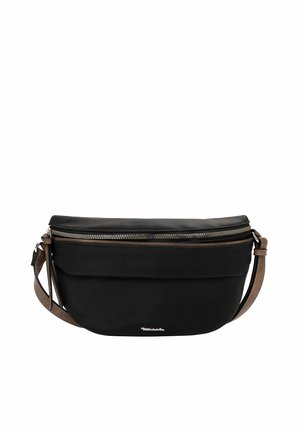 Sac bandoulière en cuir noir avec fermeture éclair sur le dessus, sangle marron réglable et petit logo de marque argenté au centre devant.