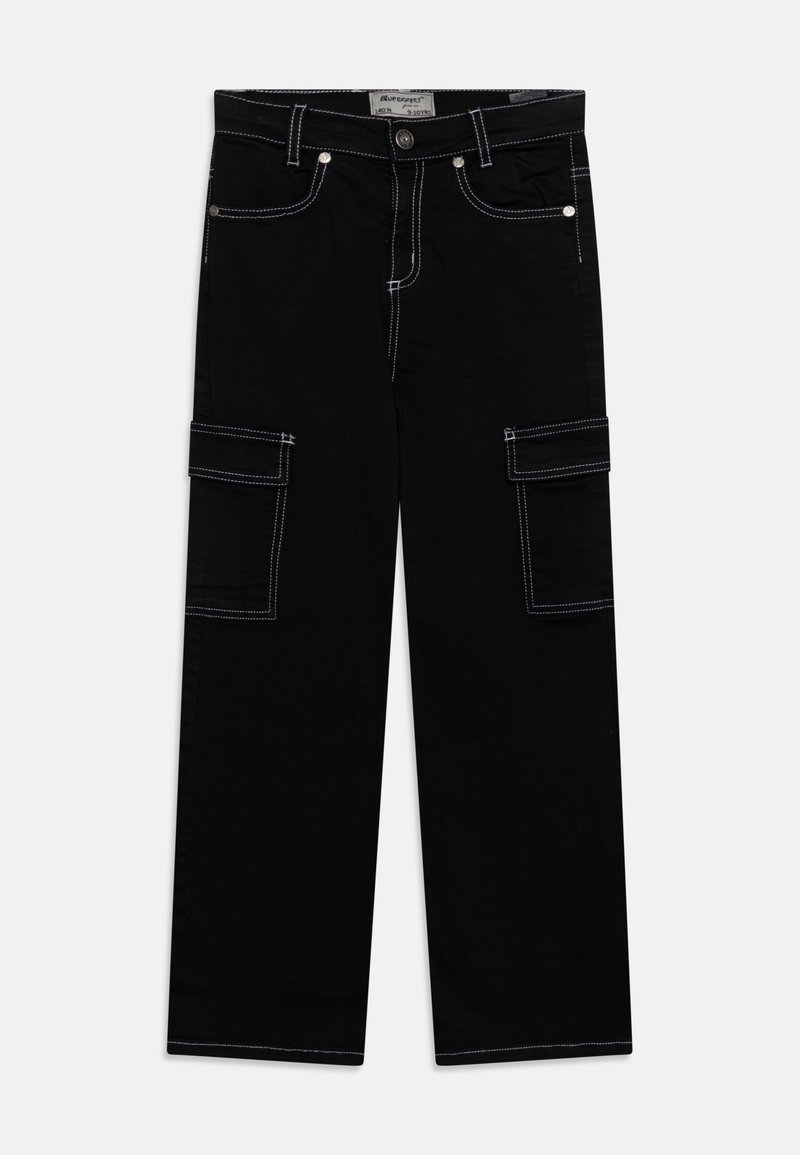 Pantalon cargo noir avec surpiqûres blanches contrastantes, bouton et zip à l'avant, passants de ceinture, poches à rabat avant et latérales, posé à plat sur fond blanc.