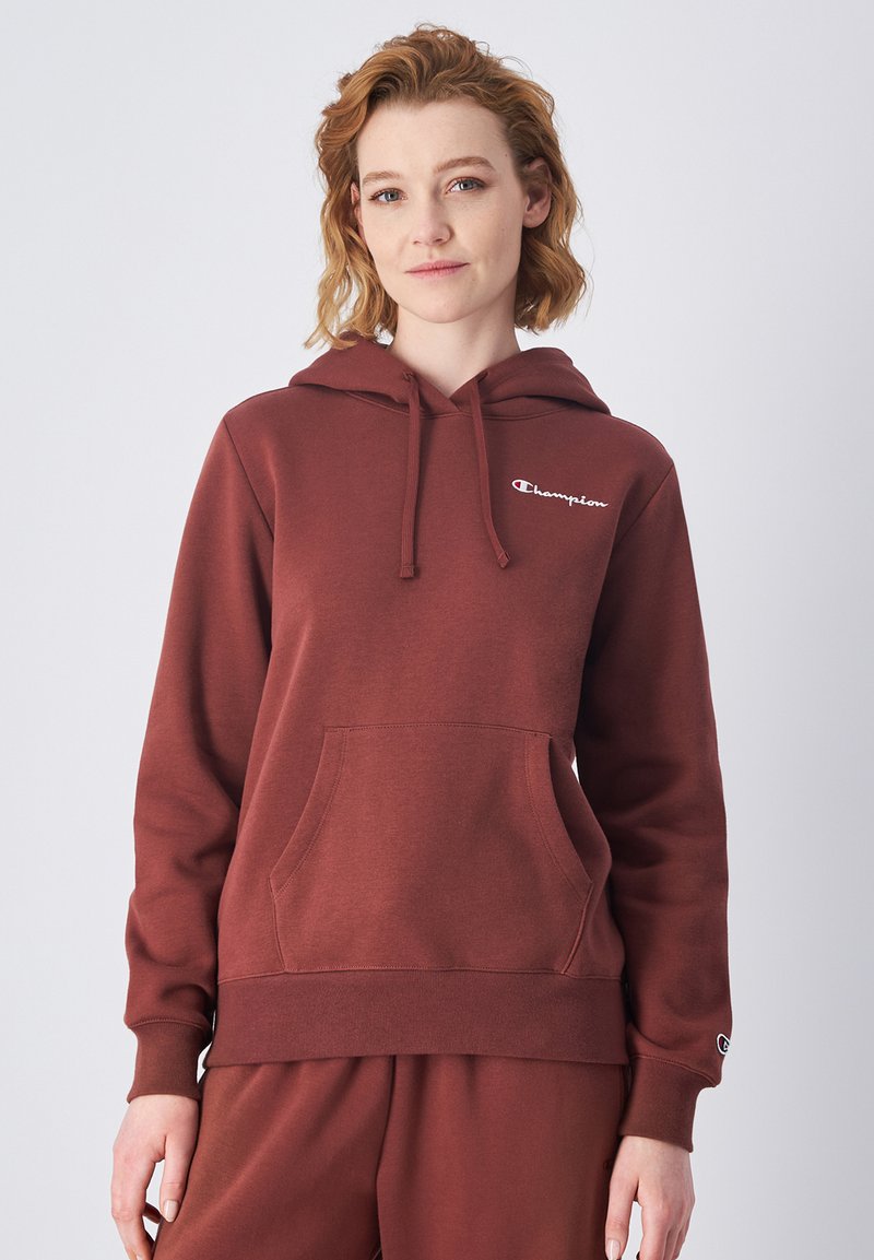 Sweatshirt à capuche bordeaux, en mélange de coton, poche avant, poignets et ourlet côtelés, logo brodé sur la poitrine, coupe décontractée, texture douce.