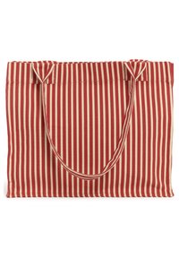 Stačiakampė rankinė su vertikaliomis raudonomis ir smėlio spalvos juostelėmis bei dviem ilgomis rankenomis iš tos pačios dryžuotos medžiagos.