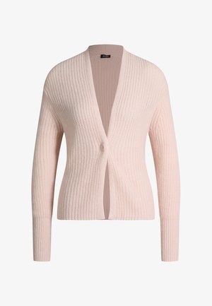 Lichtroze gebreid vest met lange mouwen, diepe V-hals en een enkele knoopsluiting aan de voorkant.