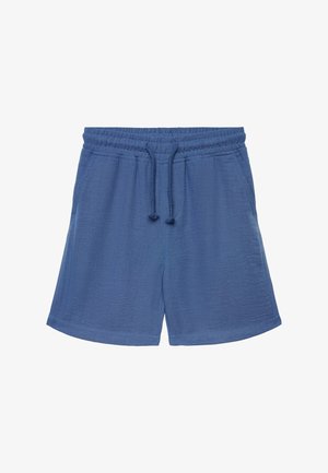 Pantaloncini blu in tessuto strutturato con vita elastica e coulisse. Caratterizzati da tasche laterali e orlo dritto.