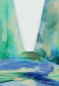 V-neck dress featuring layered, flowing fabric in shades of green and blue. The texture is soft and lightweight, with a watercolor pattern.